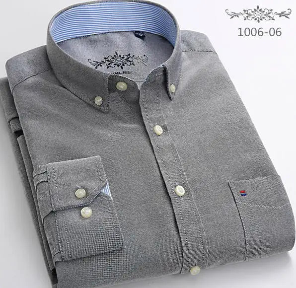 Cotton Oxford Shirt For Men Long Sleeve Plaid Striped Casual Shirts Male Pocket Regular-Fit Button-Down Work Man Dress Shirt