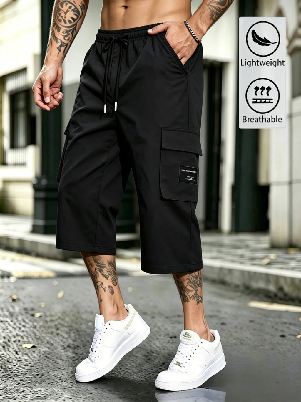 Men's Streetwear Cargo Capri Pants, Drawstring Elastic Waist, 3D Cargo Pockets with Patch, Lightweight Breathable Summer Bottoms