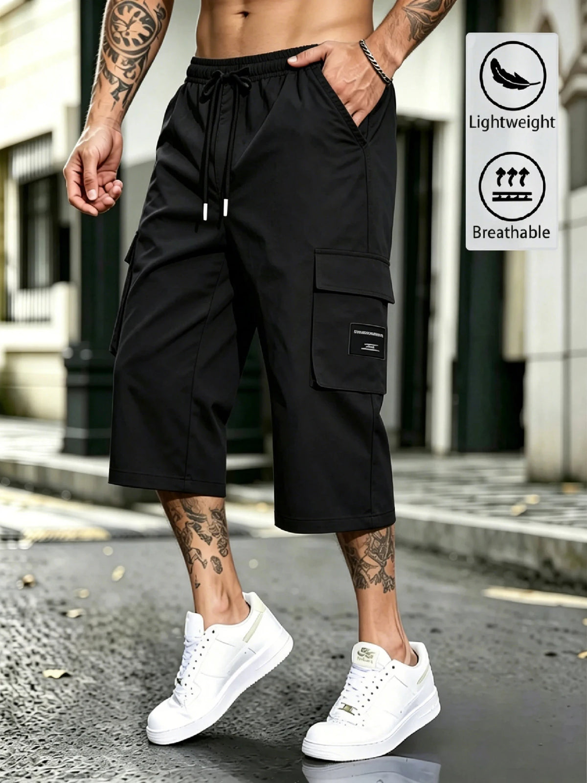 Men's Streetwear Cargo Capri Pants, Drawstring Elastic Waist, 3D Cargo Pockets with Patch, Lightweight Breathable Summer Bottoms