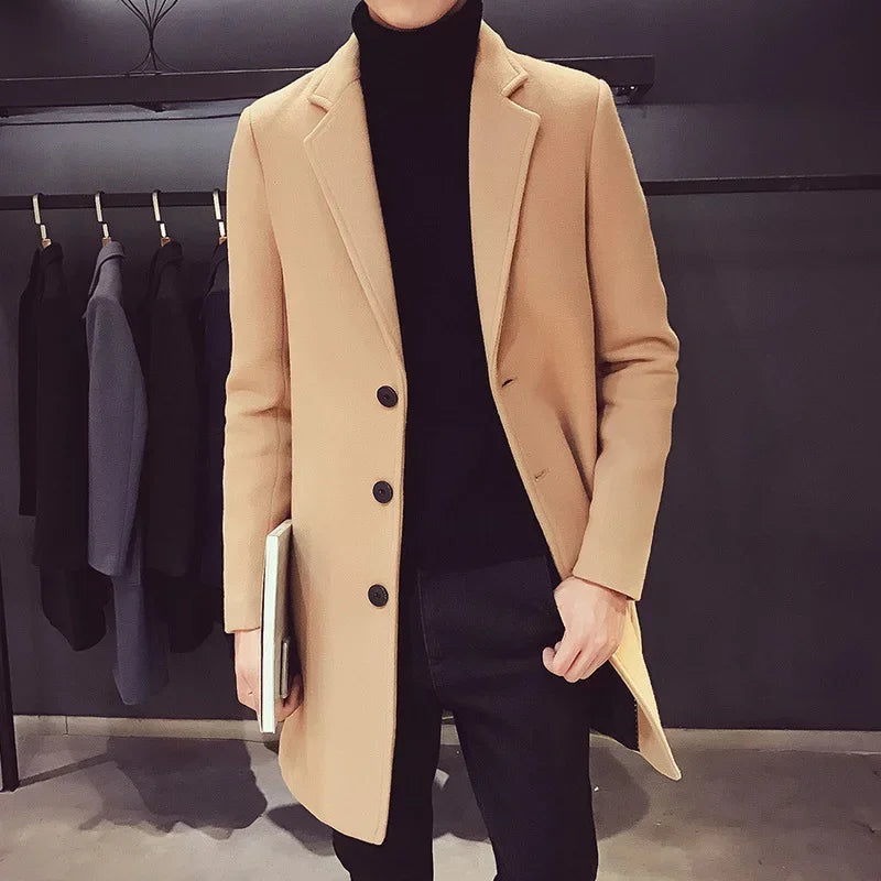 Men's Long Coat 2025 Autumn/Winter New Fashion Business Slim Fit Men's Long Coat High Quality Solid Color Casual Men's Clothing