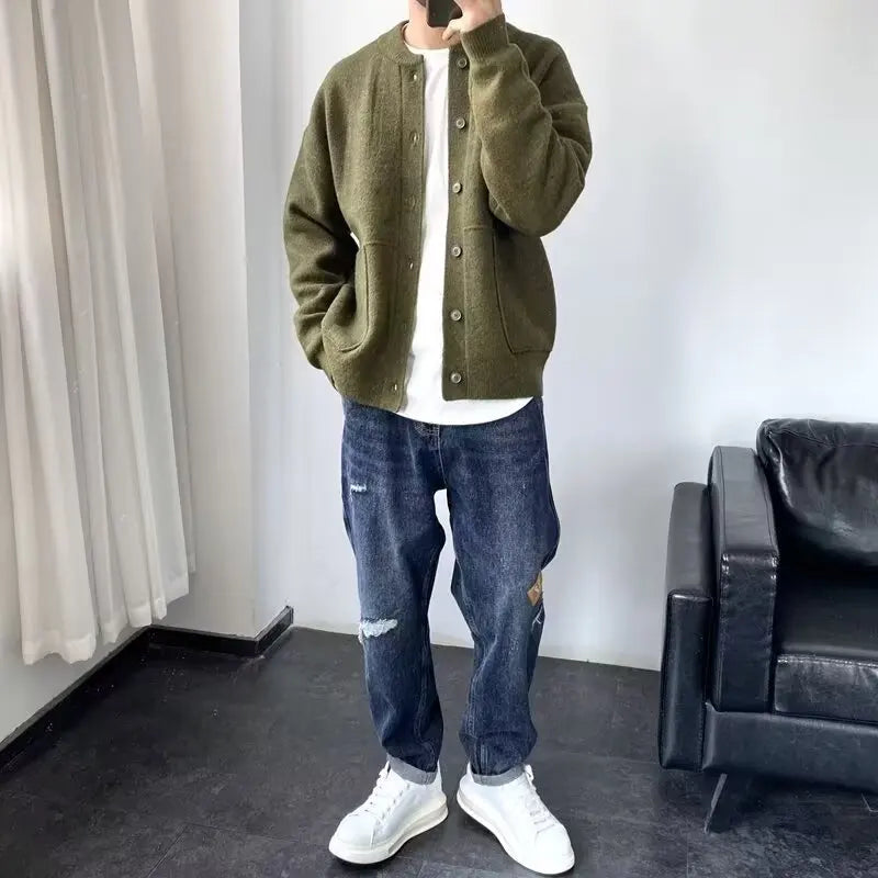 Thickened Knitted Cardigan Men's New Autumn Winter Trendy Crew Neck Sweater korean Pure Color Simple Design Cool Youth Sweater