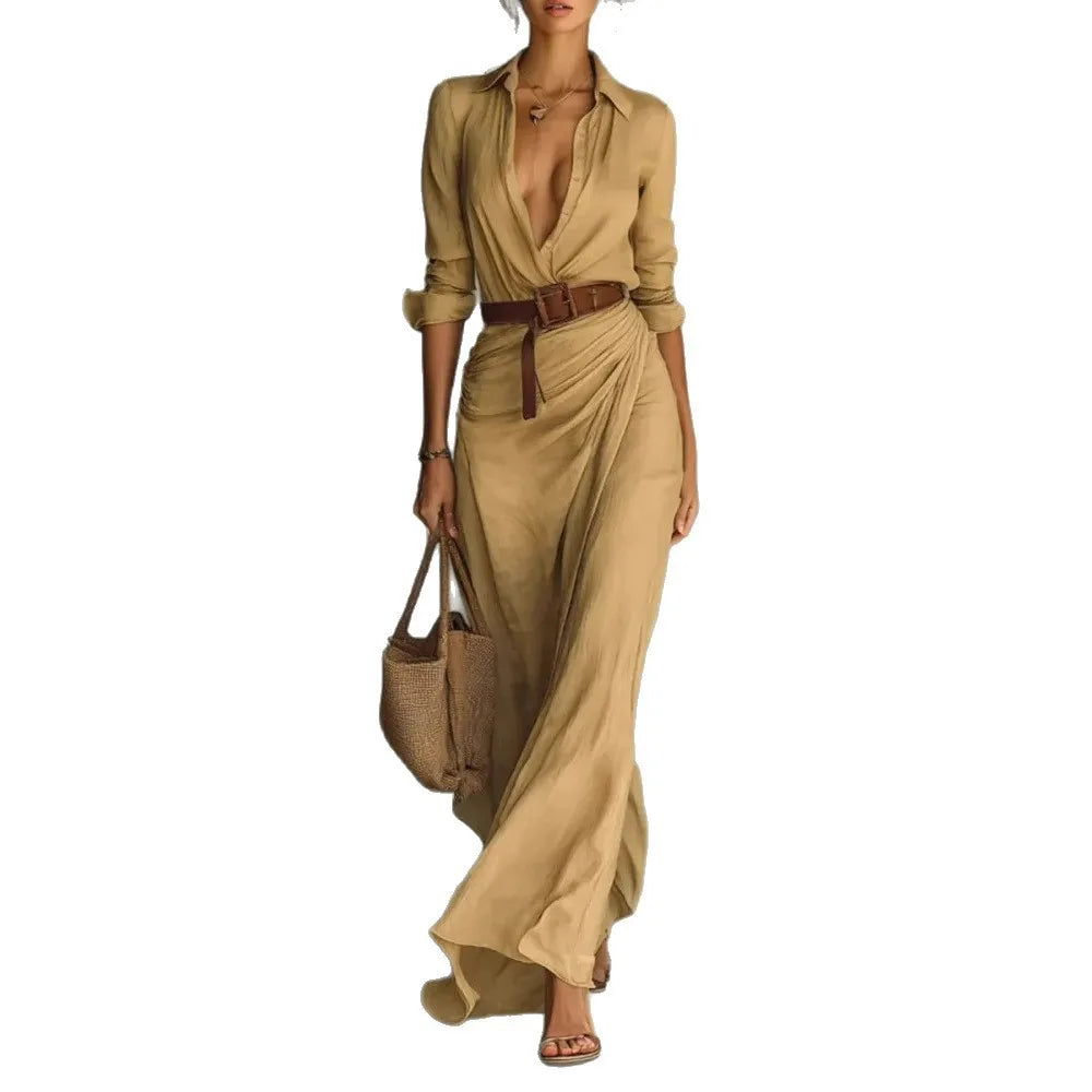 Women's Casual Dresses 2026 Summer Elegant Chic Evening Dress Sexy Solid Color Beach Dress Pleated Belted White Female clothing