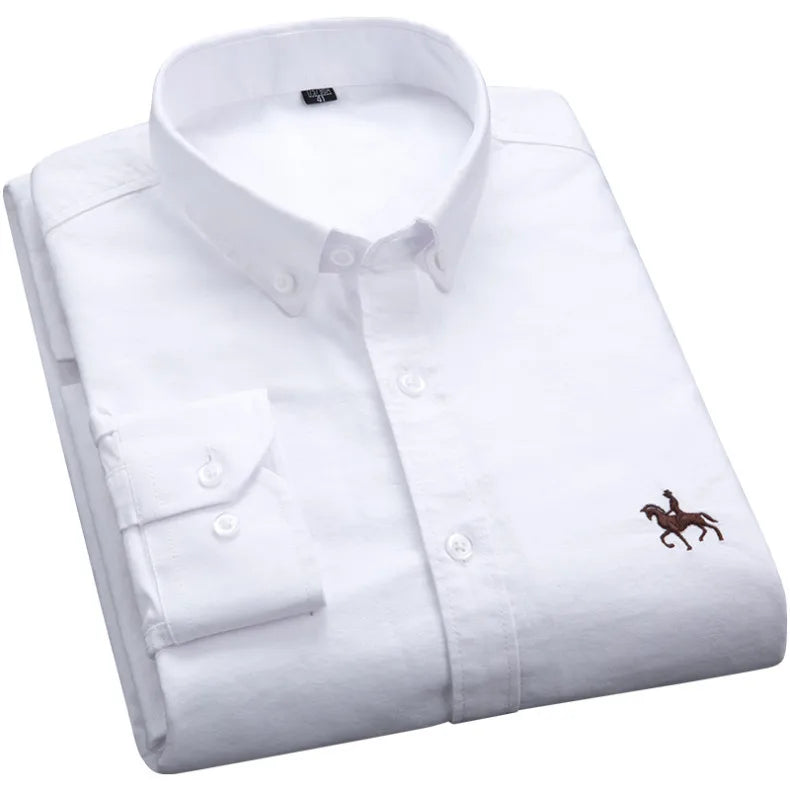 Cotton Oxford Shirt For Men Long Sleeve Plaid Striped Casual Shirts Male Pocket Regular-Fit Button-Down Work Man Dress Shirt