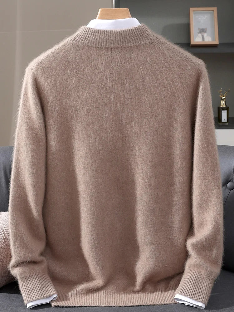 Men 100% Mink Cashmere Sweater Mock Collar Pullover with Button Autumn Winter Thicken Knitwear Smart Casual Skin Kindly Clothing