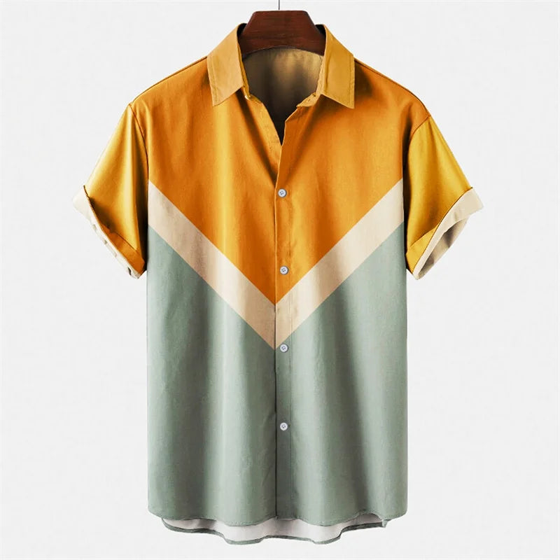 Mens Hawaiian 3d Stripe Print Shirt Harajuku Summer Fashion Short Sleeves Casual Beach Vacation Button Loose Aloha Shirts