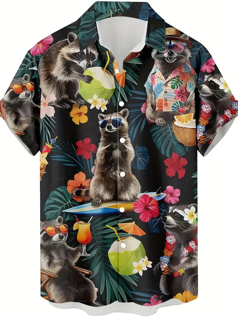 Men's Fashion 3D Printed 2025 Casual Hawaiian Shirts Funny Monkey Giraffe Cat Graphic Blouses Short Sleeve Button Shirt Tops