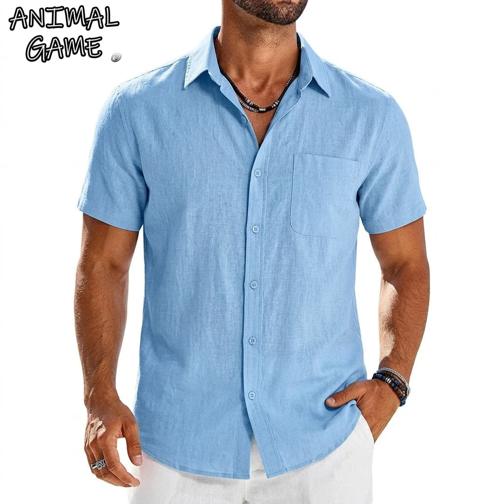 Summer Men's Short Sleeve Shirts for Men Solid Luxury T-Shirts Breathable Elegant Men's Shirts Hawaiian Cotton Linen Tshirt