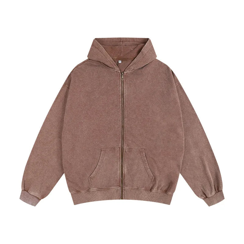 DIY Custom LOGO Cotton Washed Hoodie Zipper Sweatshirt Pants Tracksuit Men Women Retro Loose Distressed HipHop Oversized Big