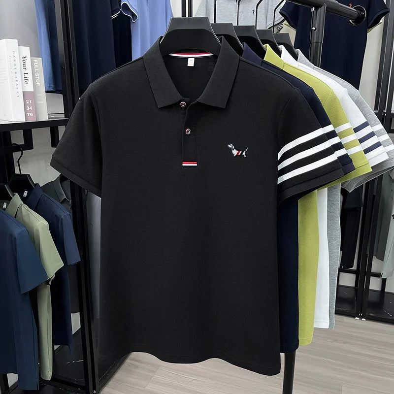 100% Cotton Summer Men's Short-Sleeved Polo Shirt Lapel Button Striped Print Business Casual Golf High-Quality Men's Clothing