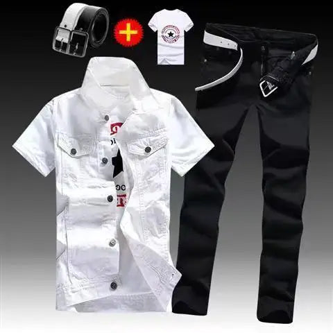 Spring Autumn Mens Thin sleeveless Denim Coat Pencil Pants T-shirts 3pcs Set Jacket Trousers Casual for Male Slim Fit