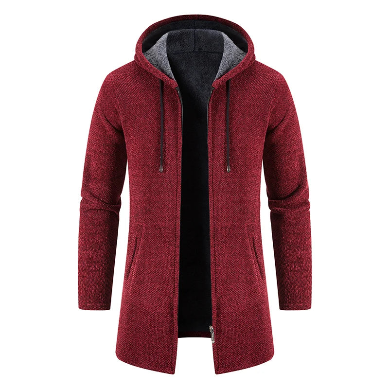 Men Winter Long Trench Coat 2023 Knit Sweater Jacket Fleece Wind Breaker Navy Turn-down Hoodies Zipper Cardigan Male Overcoat