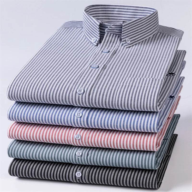 New Fashion Men's Oxford Shirts Long Sleeves Cotton Stripe Thin Soft Regular Fit Formal Shirt Pocket Social Blouse Male Clothing