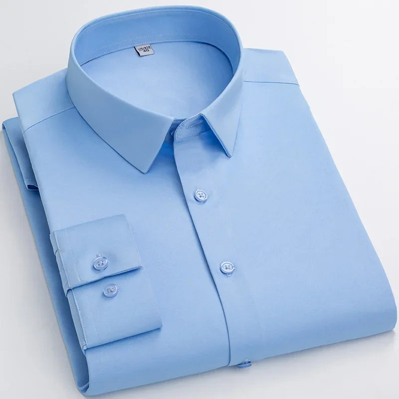 Over Size Solid Color Long-Sleeve Shirts for Men Slim Fit Formal Plain Shirt Elastic Single Pocket Tops Business Dress Clothes