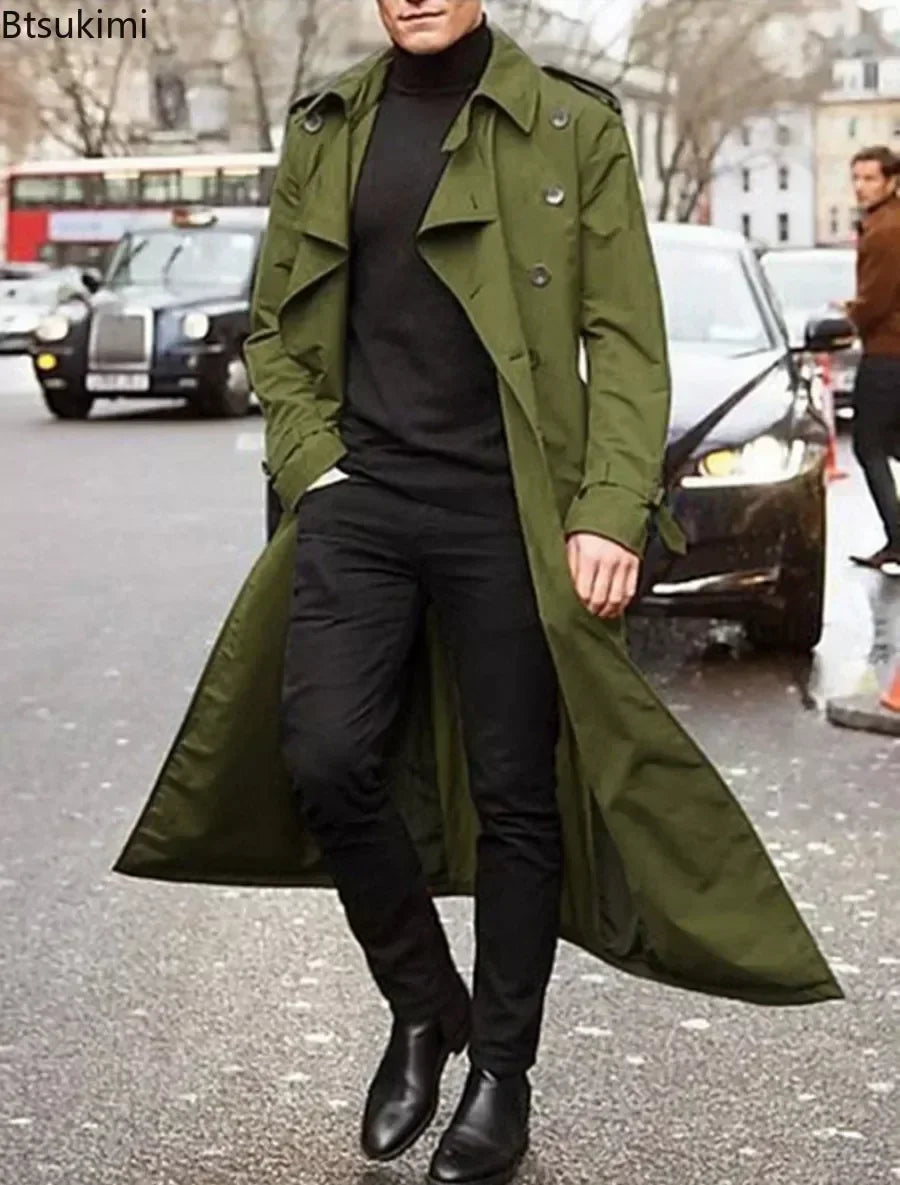 2026 Spring Autumn Men's Overcoat Vintage Long Trench Coat Men New Jacket Coats Men Business Casual Long Solid Windbreak Outwear