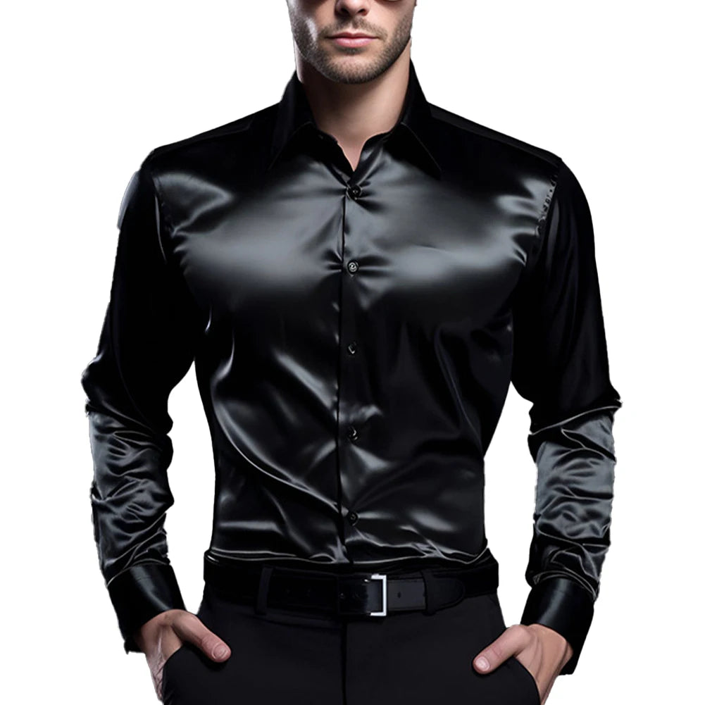 Men's Casual Satin Silk Shirts Single Breasted Button Lapel Collar Dress Shirt Slim Fit Fashion Party Long Sleeve Tops Clothing