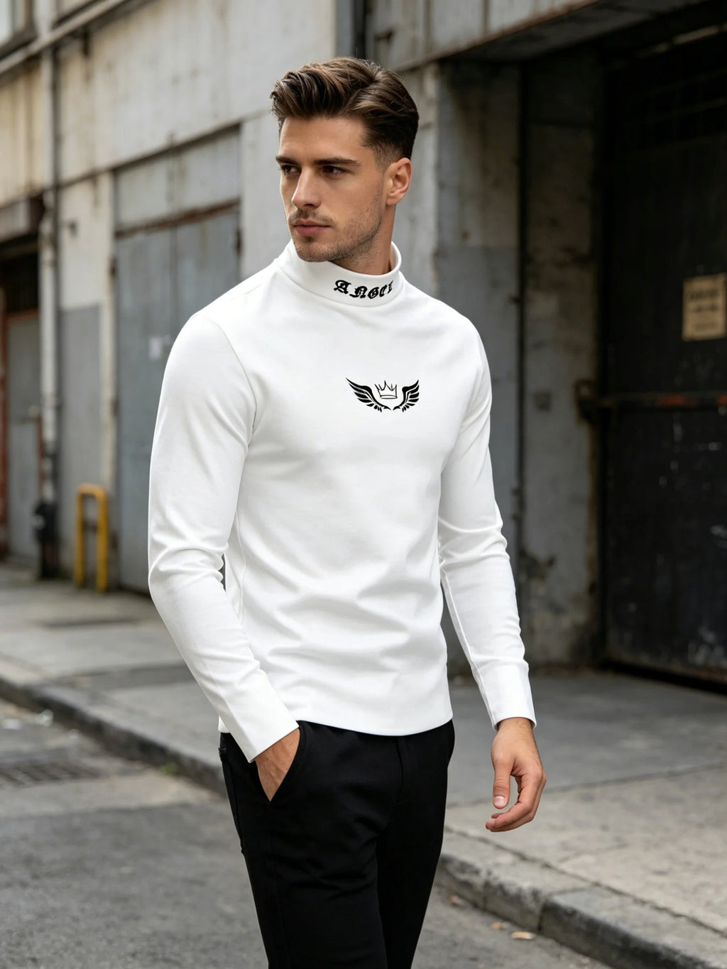 Men's Autumn and Winter Season T-Shirt with Angel Wings, Letter Print on the Neckline, Casual and Comfortable Long-Sleeve Crew N