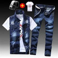 Spring Autumn Mens Thin sleeveless Denim Coat Pencil Pants T-shirts 3pcs Set Jacket Trousers Casual for Male Slim Fit