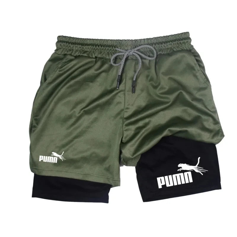 Men's Quick Dry Breathable 2-in-1 Double Layer Sports Shorts, Elastic Compression Liner Athletic Shorts
