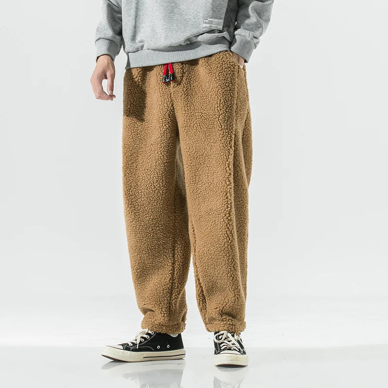 Winter Men's Lamb Wool Casual Pants Fleece Warm Elastic Waist Sweatpants Solid Thick Harem Pants Male Vintage Joggers Trousers