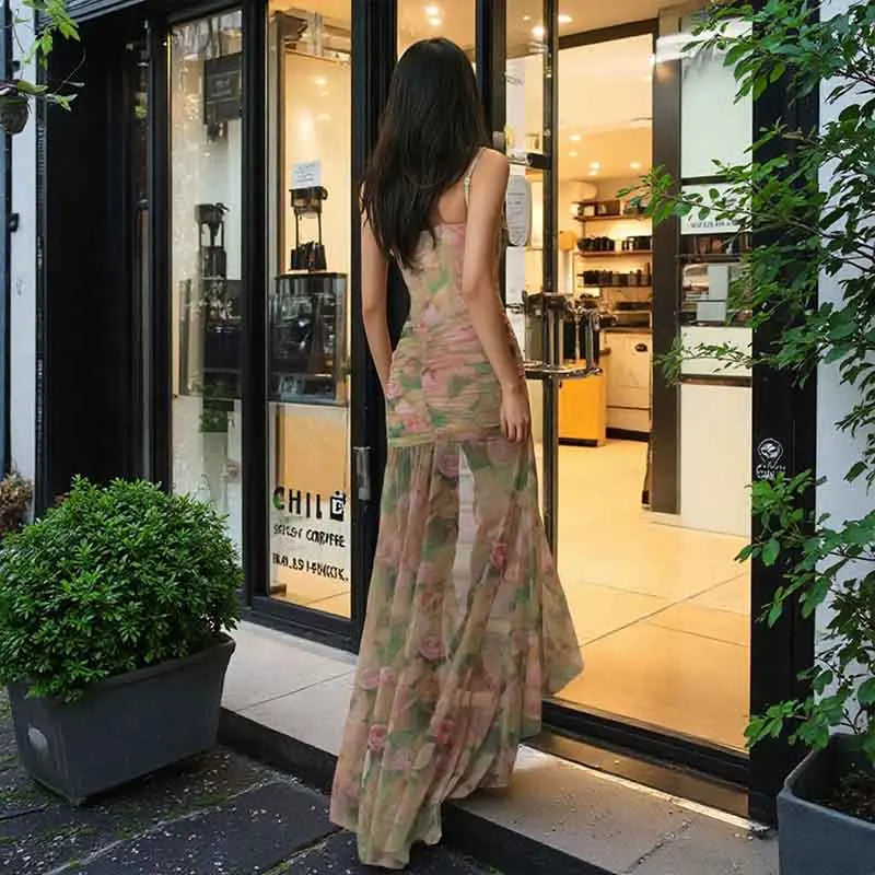 Dress Dresses Women Spring Summer Sexy Cami Printed Vacation Beach High Waist Split Evening Dress