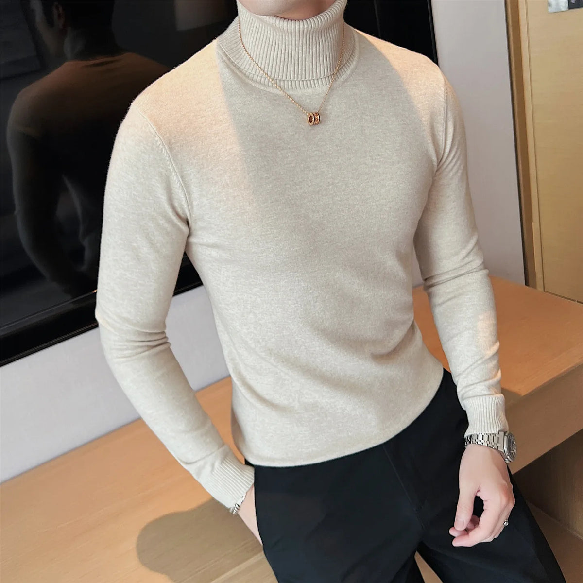Autumn Winter Fashion Turtleneck Sweaters Men Solid Slim Fit Knitted Pullovers Mens Warm Casual Knit Turtleneck Pullover Sweater