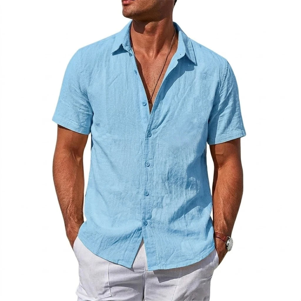 Men's Short Sleeve T-shirt Cotton Linen Shirts Casual Tshirts Man Solid Color Lapel Summer Shirts Male Breathable Hawaiian Shirt