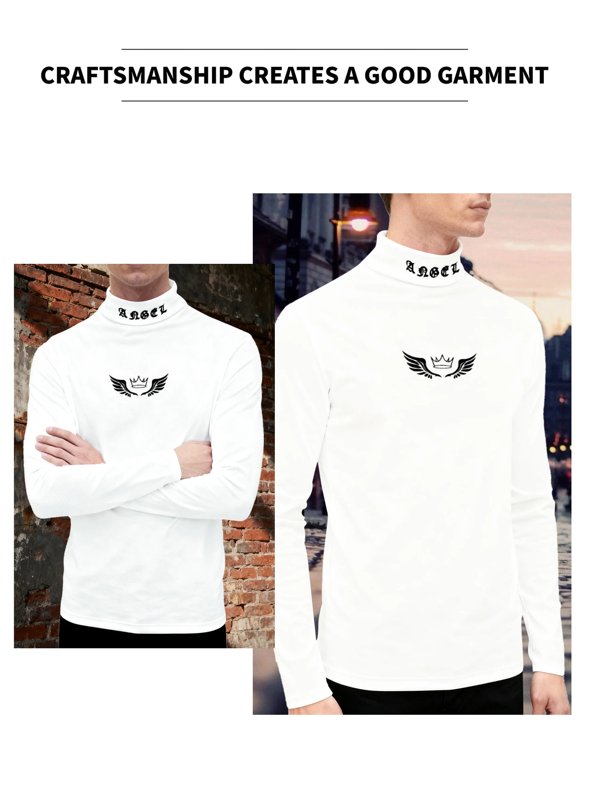 Men's Autumn and Winter Season T-Shirt with Angel Wings, Letter Print on the Neckline, Casual and Comfortable Long-Sleeve Crew N