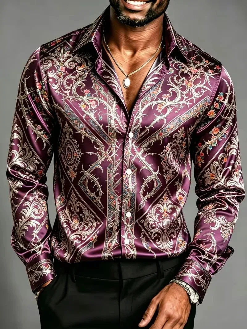 Satin Silk Long Sleeve Baroque Floral Printed Men Dress Shirts Slim Fit Party Nightclub Casual Formal Tops