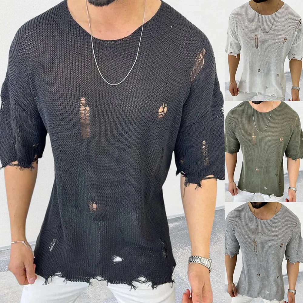 2023 Summer Men Sweater Thin Short Sleeve O-neck Knitted T-shirt Tops Casual Hollow Loose Knit Shirt Pullover Male Streetwear