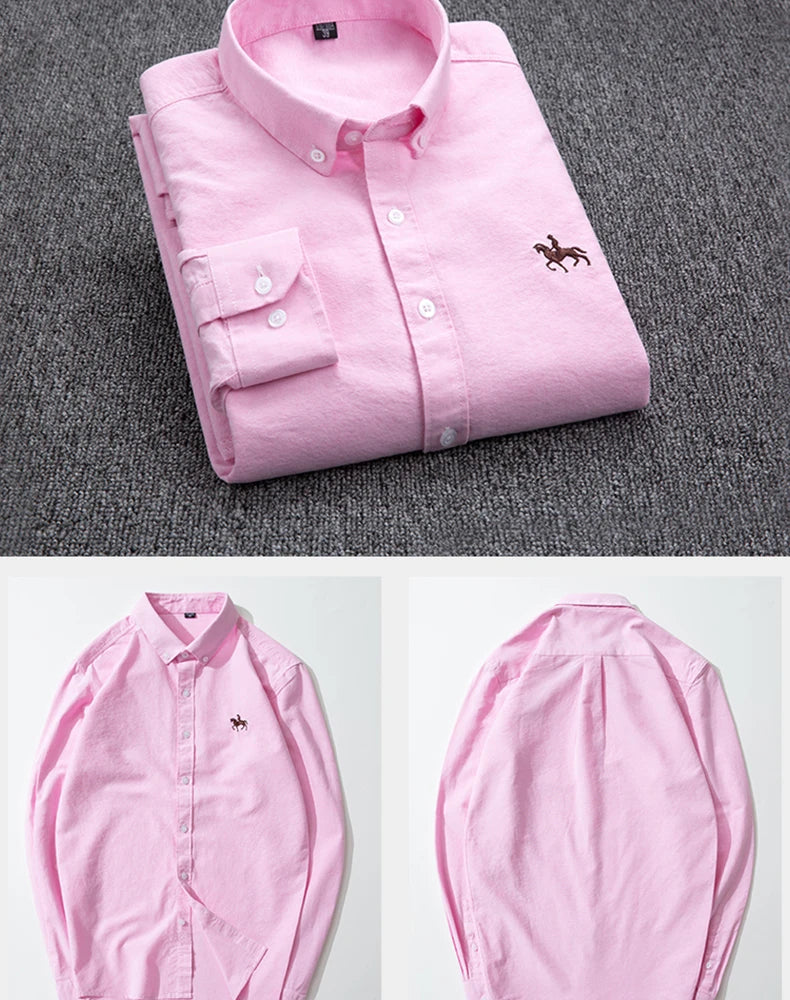 Cotton Oxford Shirt For Men Long Sleeve Plaid Striped Casual Shirts Male Pocket Regular-Fit Button-Down Work Man Dress Shirt