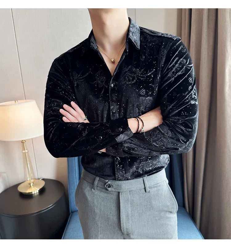 Men's Long Sleeve Velvet Flower Shirt New Luxury Printed Business Casual  Dress Shirts Formal Social Party Turn Down Collar Tops
