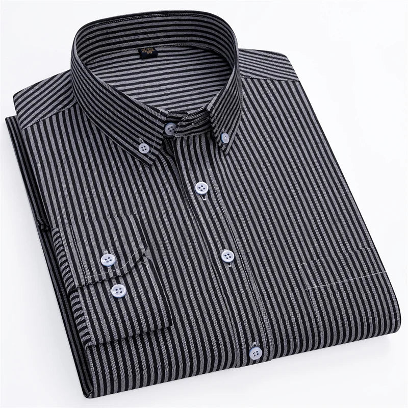 New Fashion Men's Oxford Shirts Long Sleeves Cotton Stripe Thin Soft Regular Fit Formal Shirt Pocket Social Blouse Male Clothing