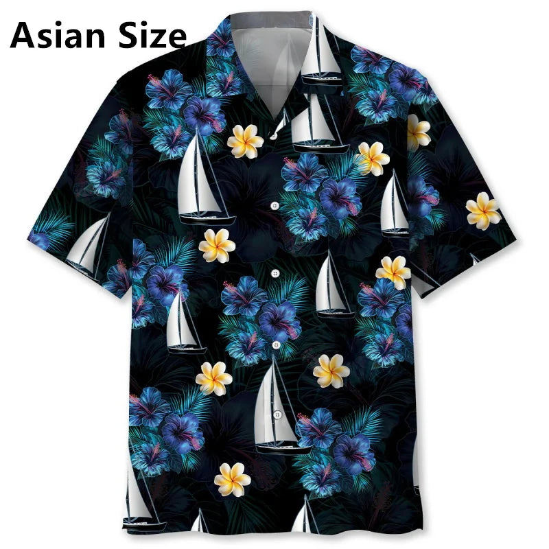 Men's Sailboat Tropical Flower Hawaiian Shirt Clothes Full Print Summer Short Sleeve Beach Shirts Blouse Men's Button Up Shirts