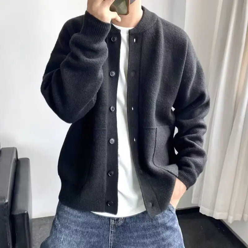 Thickened Knitted Cardigan Men's New Autumn Winter Trendy Crew Neck Sweater korean Pure Color Simple Design Cool Youth Sweater