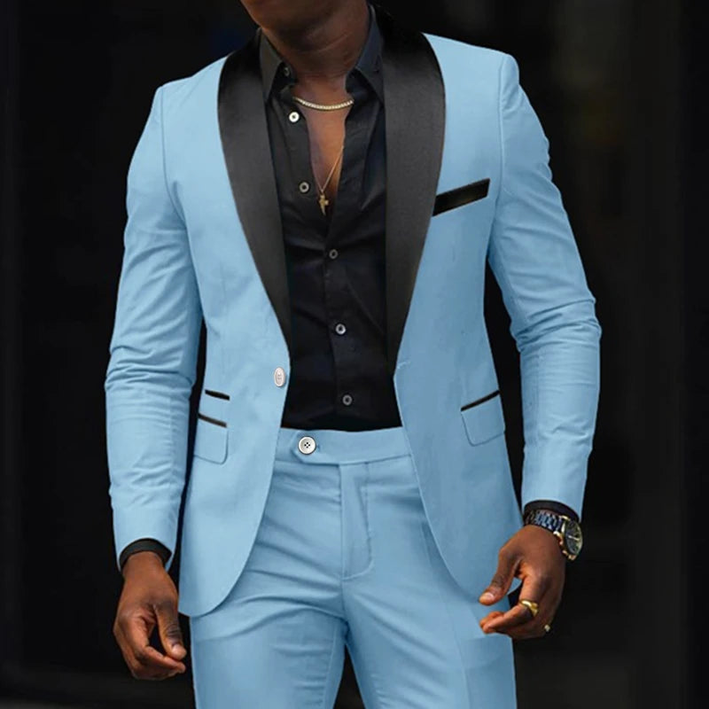 Fashion Men's Suits 2 Pieces Stretch Fabric Double Slit Solid Color Business Slim Dress Blazers Jacket Suit Coat Pants Trousers