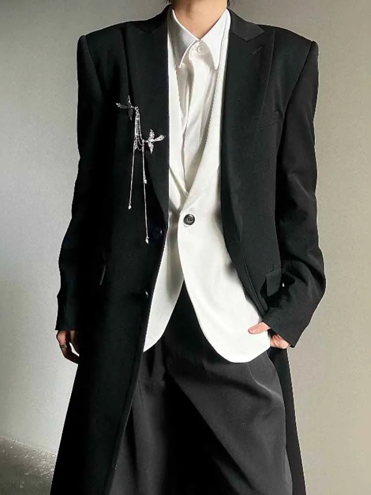 American Retro Men's Long Blazer Fashion High Street Dark Gothic Suit Jacket Spring Autumn Casual Black Simple Male Coat