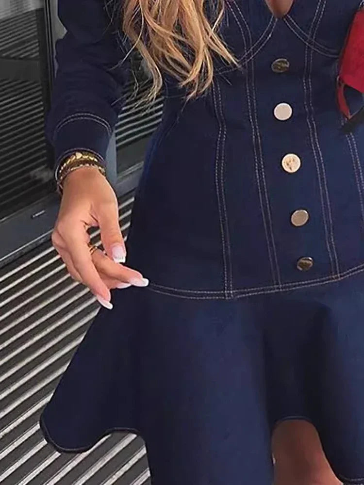 Denim Dresses Women Summer 2025 New Fashion Casual Bright Line Decoration Long Sleeves button Ruffle Hem Bodycon Mini Dresses