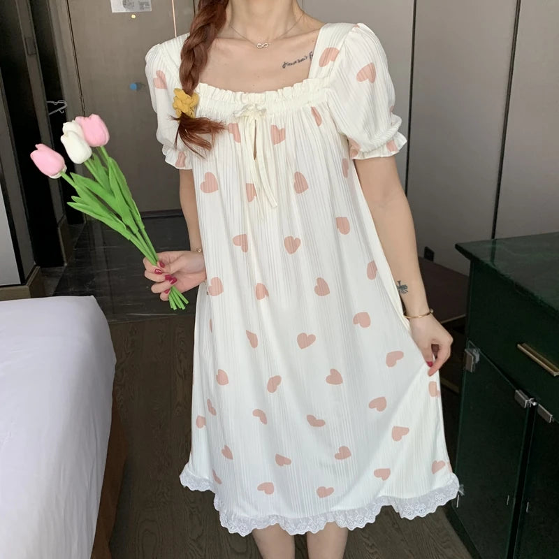 Summer Sleepwear Dress Women's 2025 New Floral Princess Style Short Sleeve High End Feeling Home Clothes Sleep Dress Summer