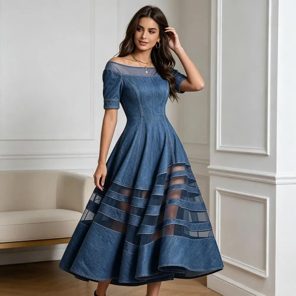 Women's Denim Dress Trendy Off Shoulder Dress Mesh Patchwork Short Sleeve A-line Swing Dress Summer Travel Vacation Long Dresses
