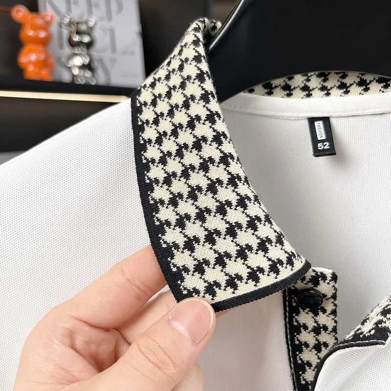 Men Contrast Collar Polo Shirt Short Sleeve Houndstooth Trim Casual Summer Top Breathable Pique Tee Regular Fit Fashion Shirt
