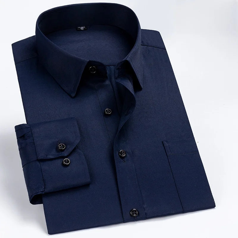 Business Dress Shirt Men's Long-sleeve Autumn Spring Fashion Solid Casual Formal White Work Office Simple Basic Man Clothe S-7XL