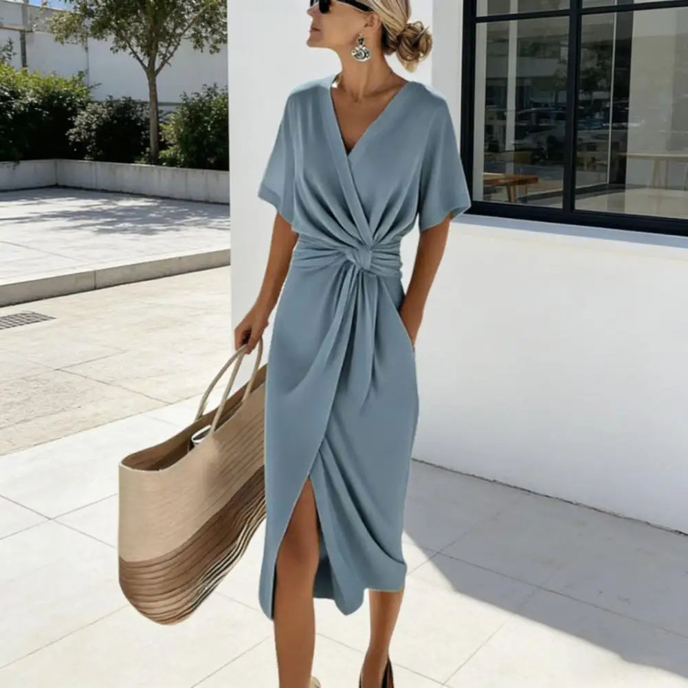 Women's Dresses Short Sleeve Elegant Formal Dress Casual V Neck Long Dress Loose Solid Color Party Gown for Vacation Cocktail