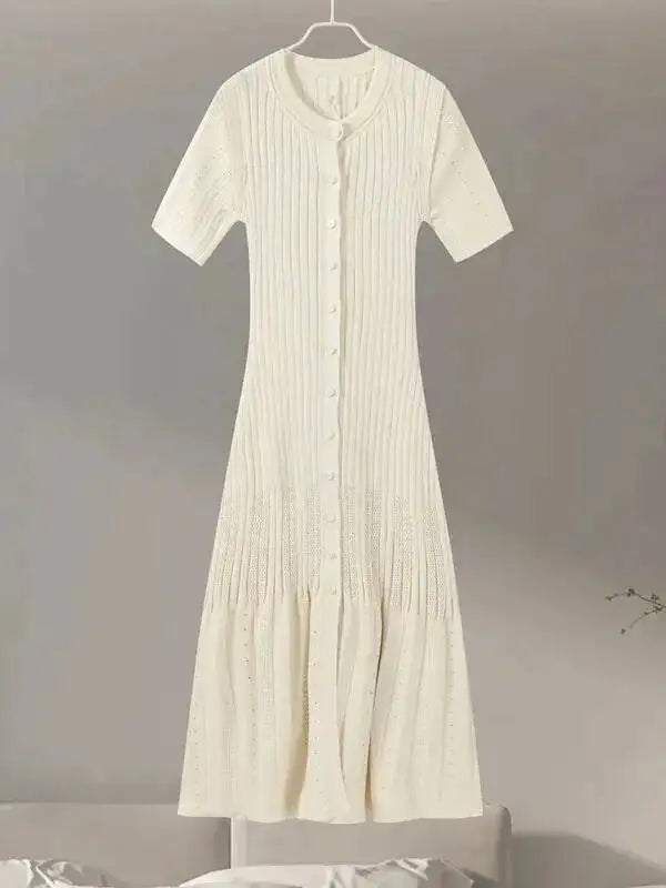 Elegant Knit Dress For Women White Slim O-neck Single Breasted Short Sleeve Long Dresses Female Spring Fashion Lady Robe T88X