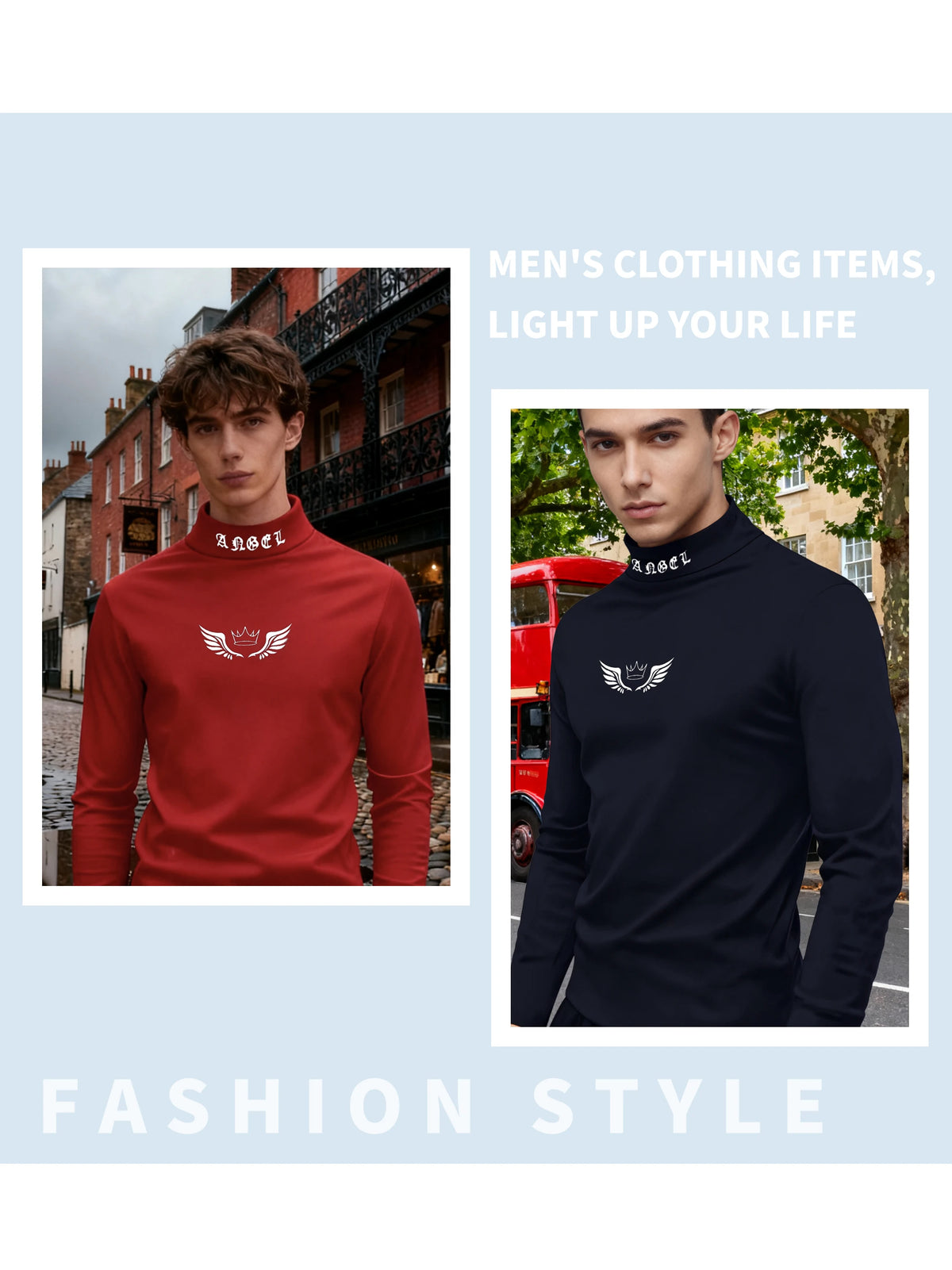 Men's Autumn and Winter Season T-Shirt with Angel Wings, Letter Print on the Neckline, Casual and Comfortable Long-Sleeve Crew N