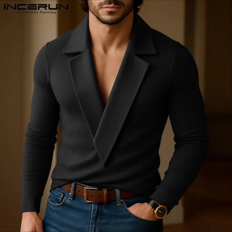 INCERUN Men Sweaters Patchwork Lapel Collar Long Sleeve Knitted Male Pullovers Streetwear 2025 Fashion Casual Men Clothing S-5XL
