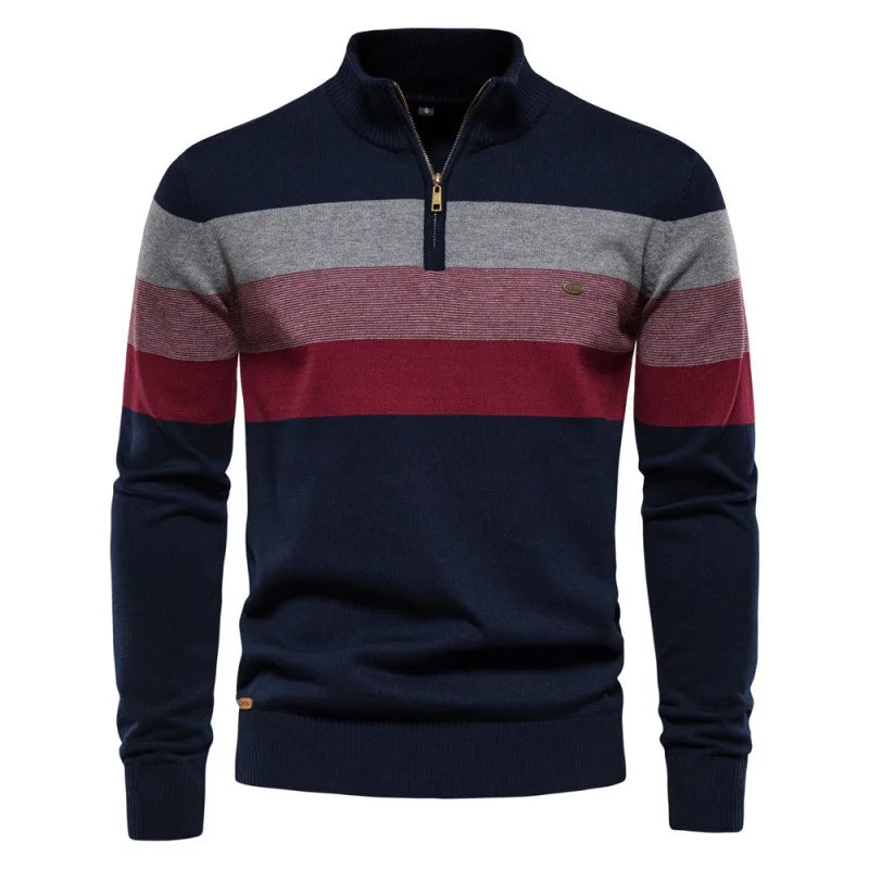 Fashion Autumn Winter Men's Half Zipper Stand Collar Striped Color-coded Casual Trendy Knitted Pullovers Male Sweaters Clothes