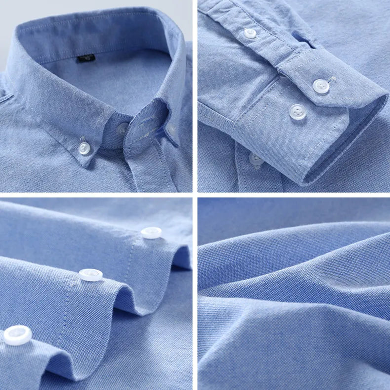 Cotton Oxford Shirt For Men Long Sleeve Plaid Striped Casual Shirts Male Pocket Regular-Fit Button-Down Work Man Dress Shirt