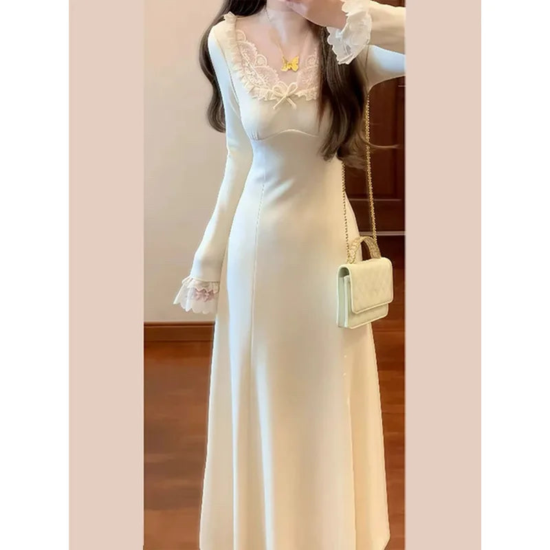 White Knitted Dress for Women, Autumn and Winter 2025 New Style, Long Dress for Layering with A Coat