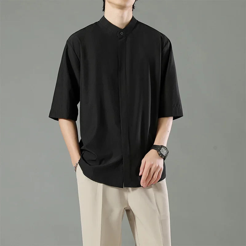 Summer Thin Short-sleeved Shirts Men Japanese Style Loose Stretch Business Casual Shirts Male No-iron Stand Collar Formal Tops