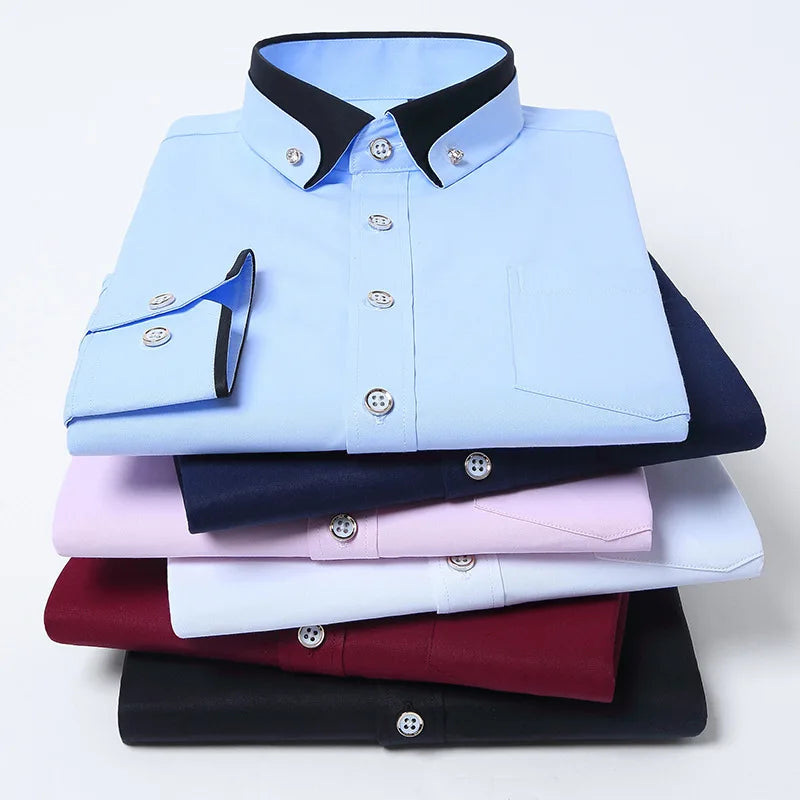 2026 Men's Long Sleeve Business Dress Shirts Solid Formal Button-Down Social Collar Camisa Elastic Anti-wrinkle Casual Men Shirt